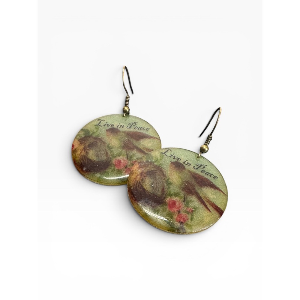 Whimsical‎ Drop Resin Disk Earrings Bird Nest "Live in Peace" Boho